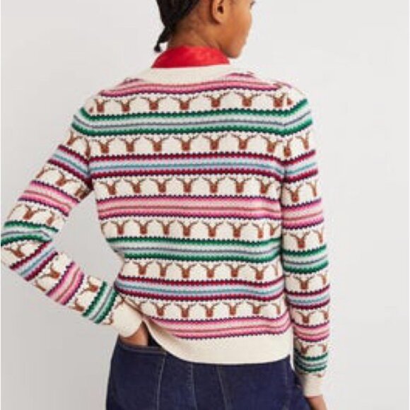 Boden Reindeer Fair Isle Christmas Cream Pink Green Holiday Sweater Size M - Picture 5 of 8